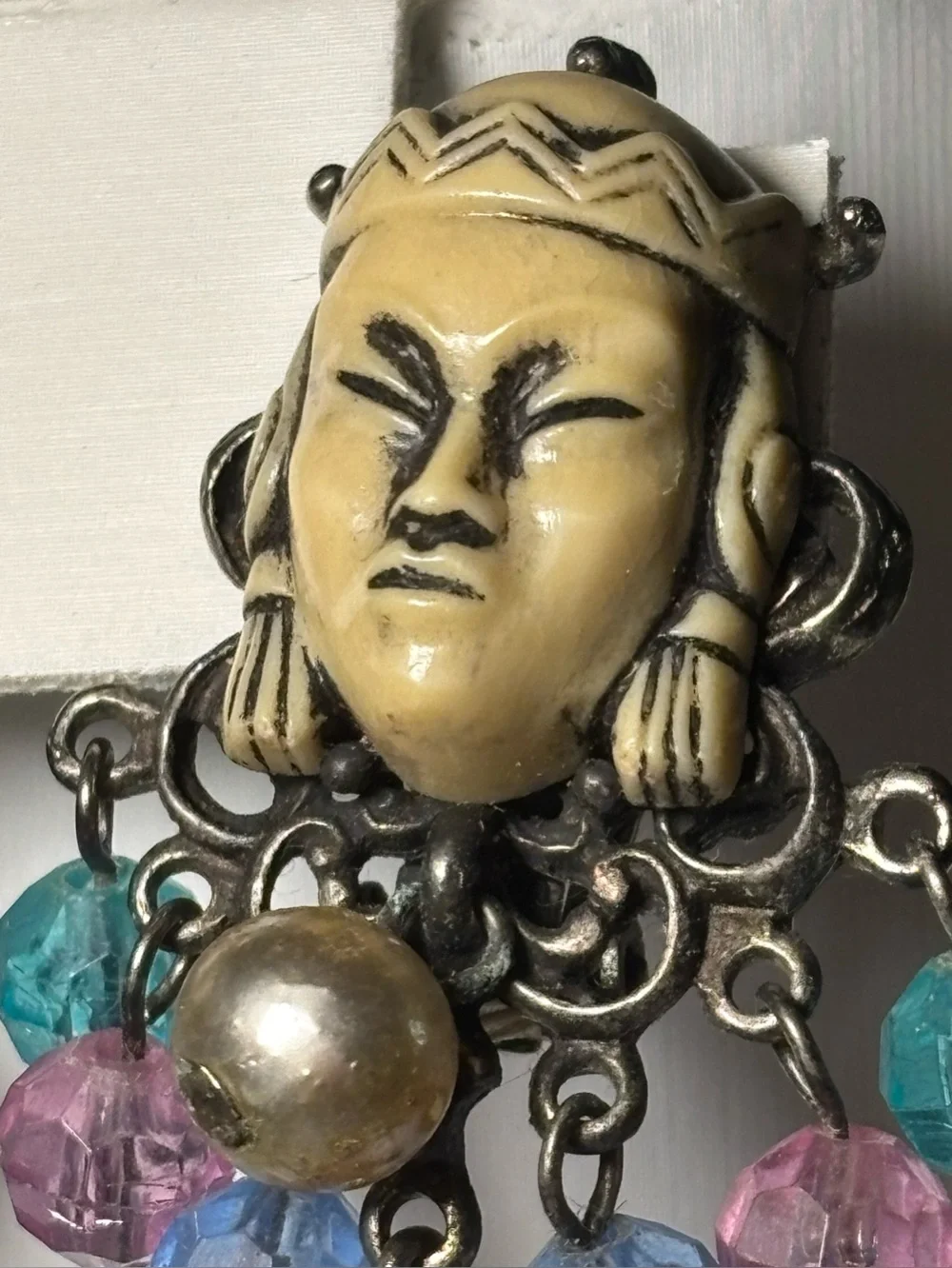 Signed Selro Asian Princess Face Clip Earrings Dangle 1.5” Vintage - Picture 4 of 8